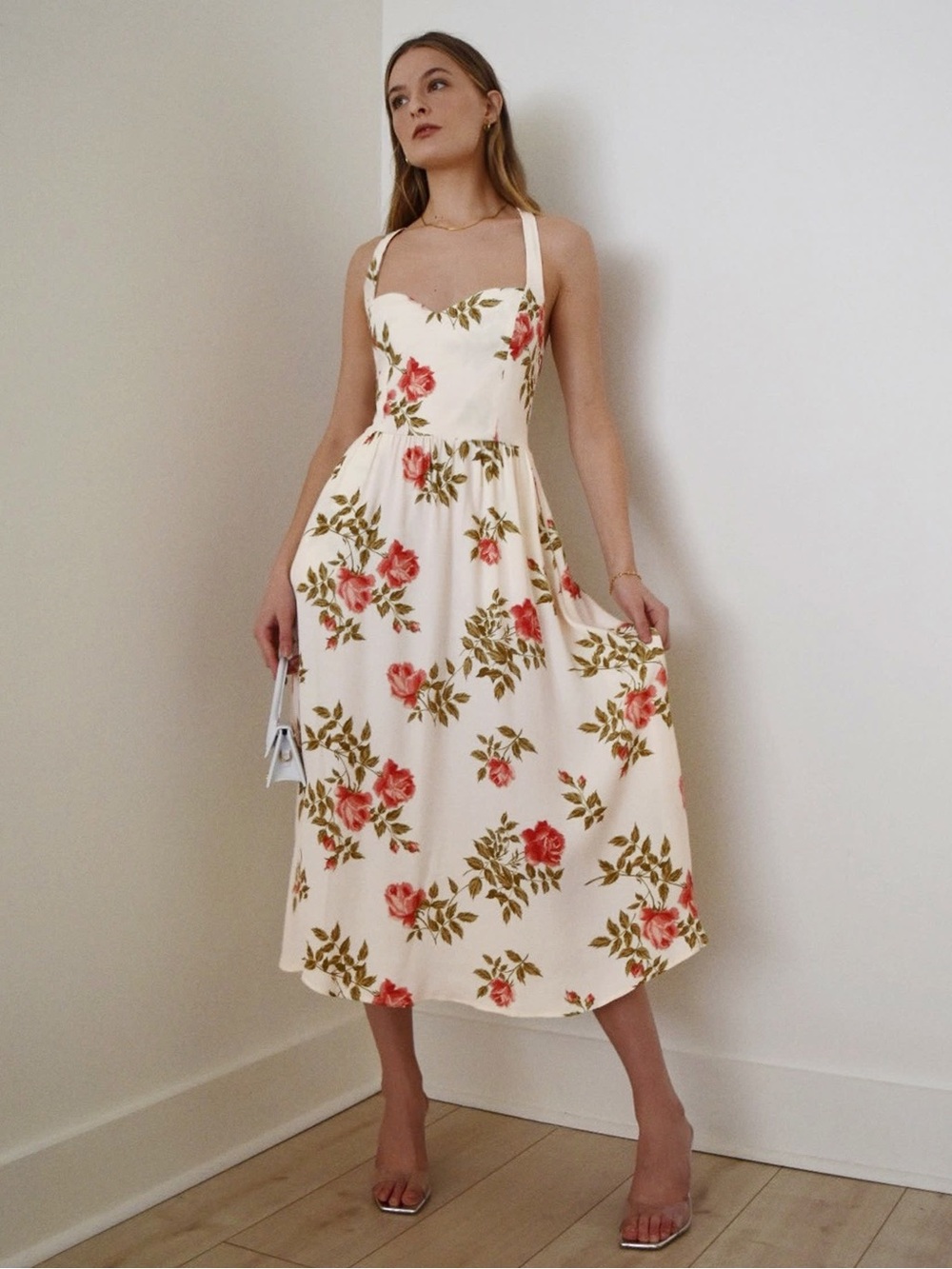 Reformation white cream pink floral Brixton midi cross back dress size 10